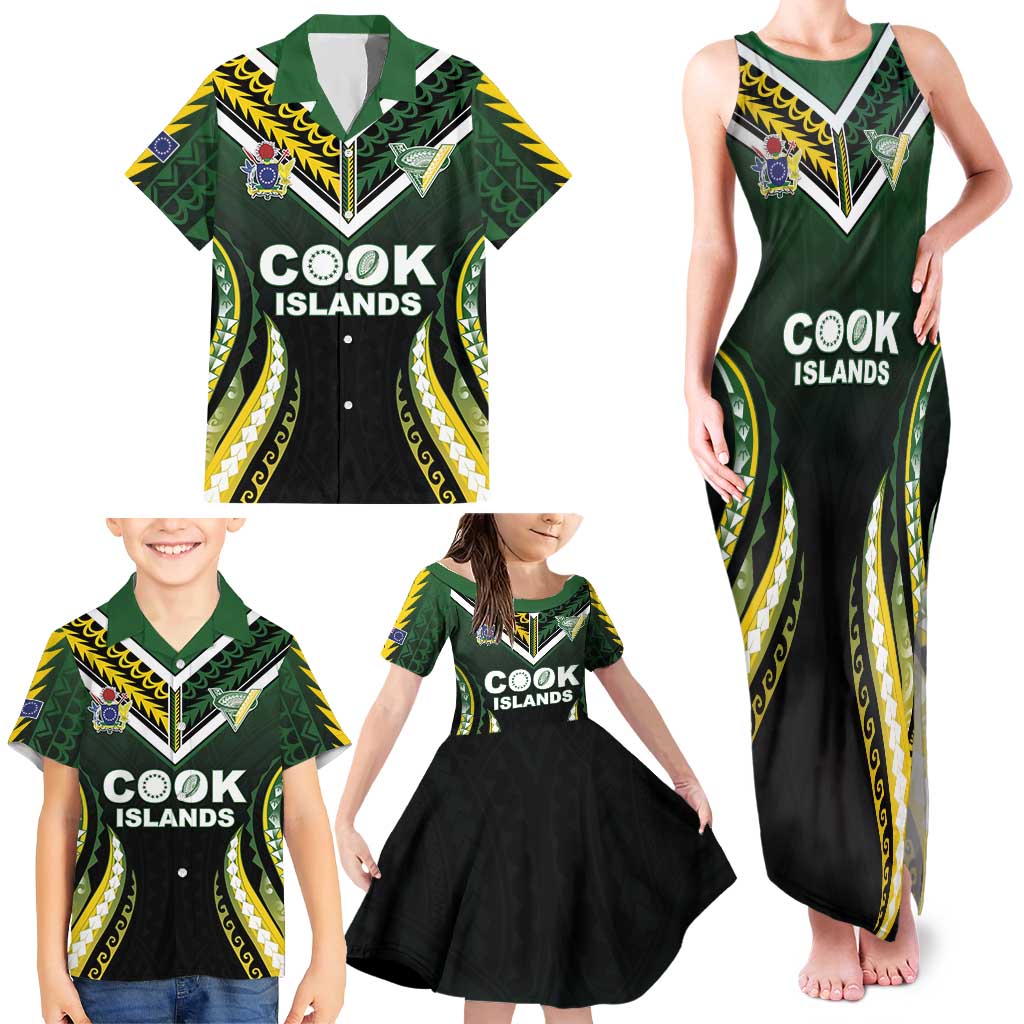 Custom Cook Islands Rugby Family Matching Tank Maxi Dress and Hawaiian Shirt Unique Style Black Version - Polynesian Pride