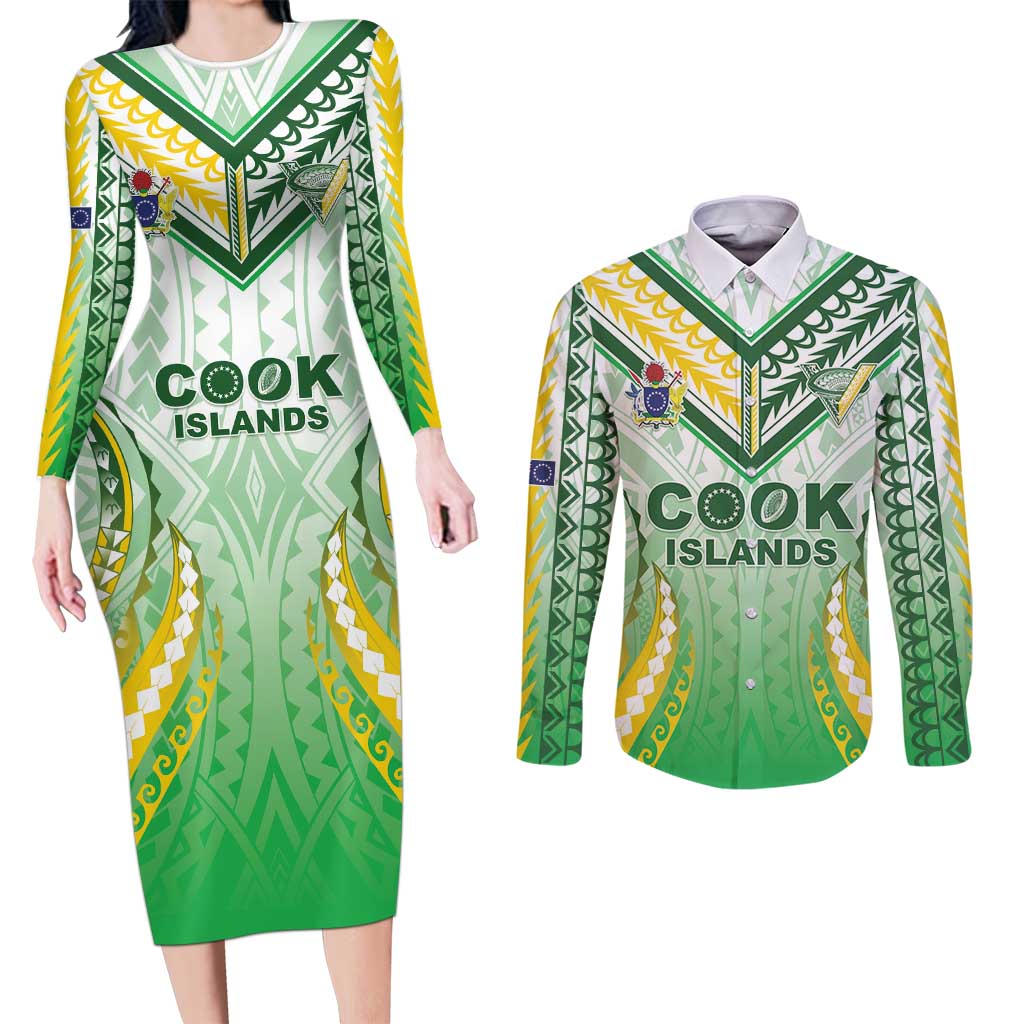 Custom Cook Islands Rugby Couples Matching Long Sleeve Bodycon Dress and Long Sleeve Button Shirt Unique Style White Version LT05 White - Polynesian Pride