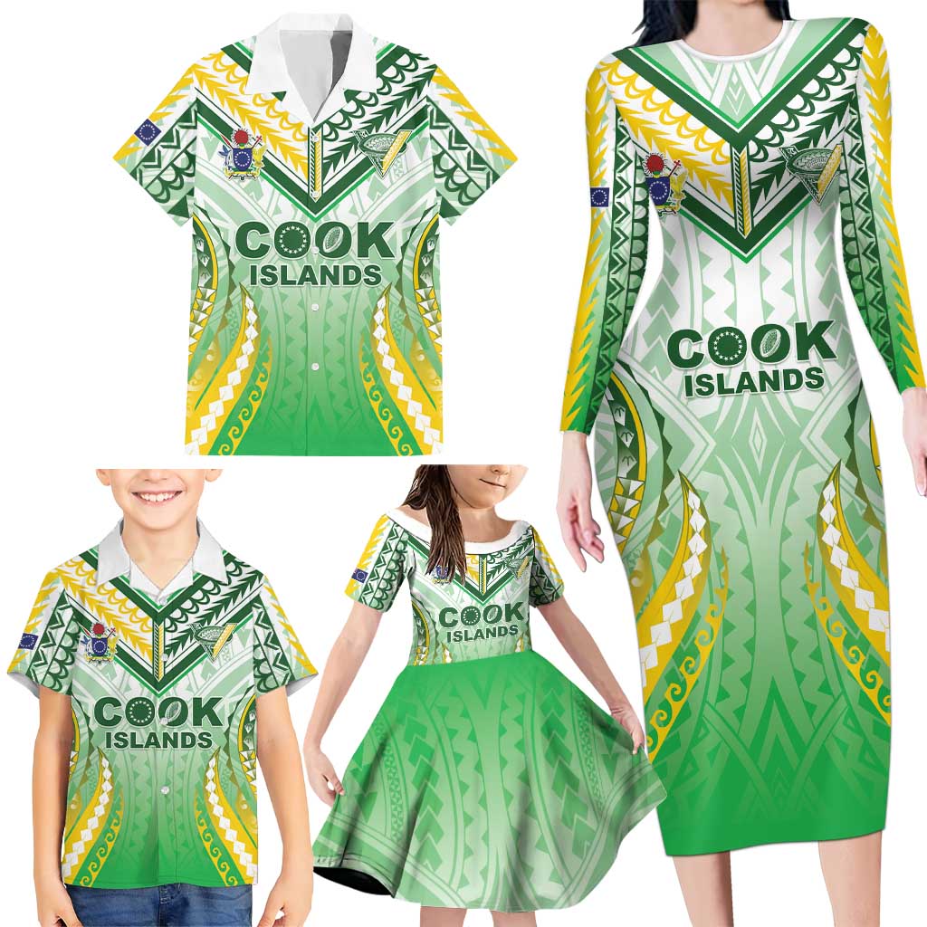 Custom Cook Islands Rugby Family Matching Long Sleeve Bodycon Dress and Hawaiian Shirt Unique Style White Version - Polynesian Pride