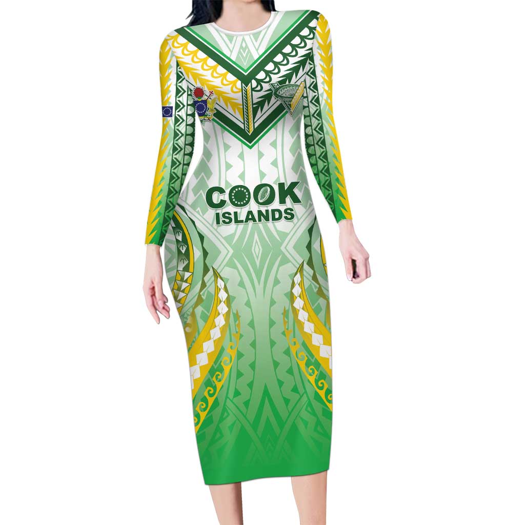 Custom Cook Islands Rugby Family Matching Long Sleeve Bodycon Dress and Hawaiian Shirt Unique Style White Version LT05 Mom's Dress White - Polynesian Pride