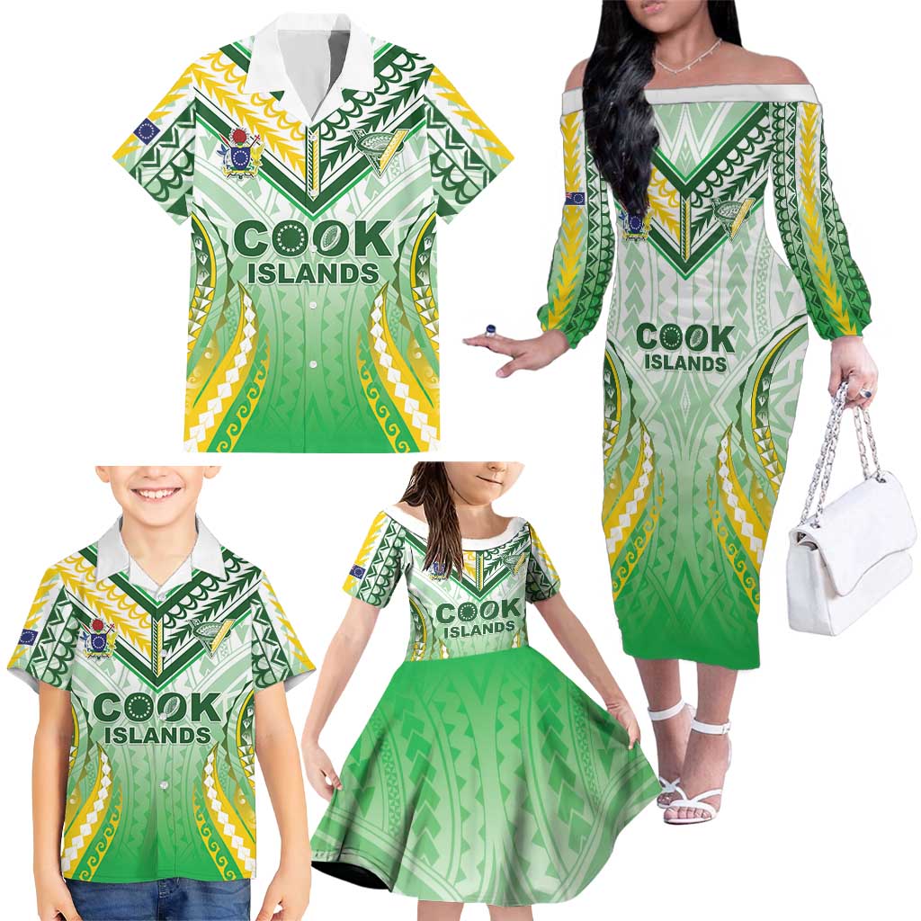 Custom Cook Islands Rugby Family Matching Off The Shoulder Long Sleeve Dress and Hawaiian Shirt Unique Style White Version LT05 - Polynesian Pride