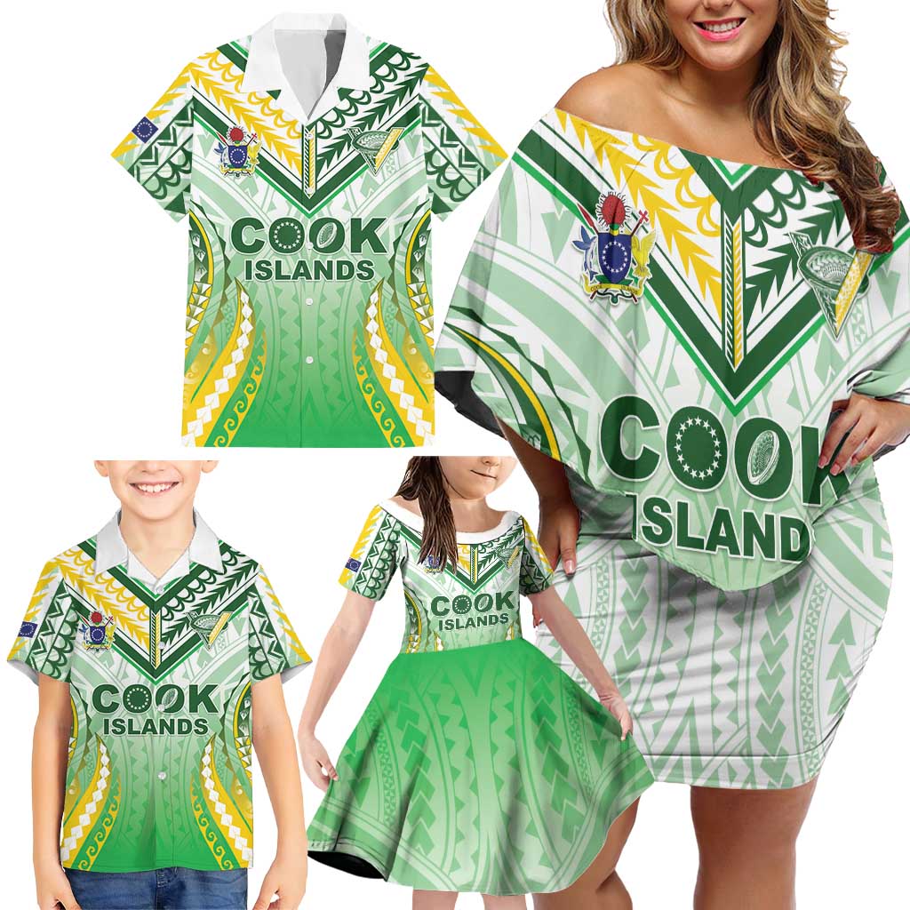 Custom Cook Islands Rugby Family Matching Off Shoulder Short Dress and Hawaiian Shirt Unique Style White Version LT05 - Polynesian Pride