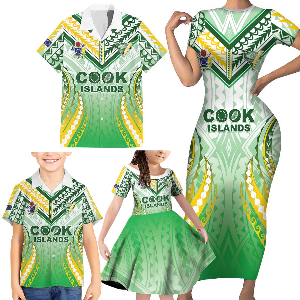 Custom Cook Islands Rugby Family Matching Short Sleeve Bodycon Dress and Hawaiian Shirt Unique Style White Version LT05 - Polynesian Pride