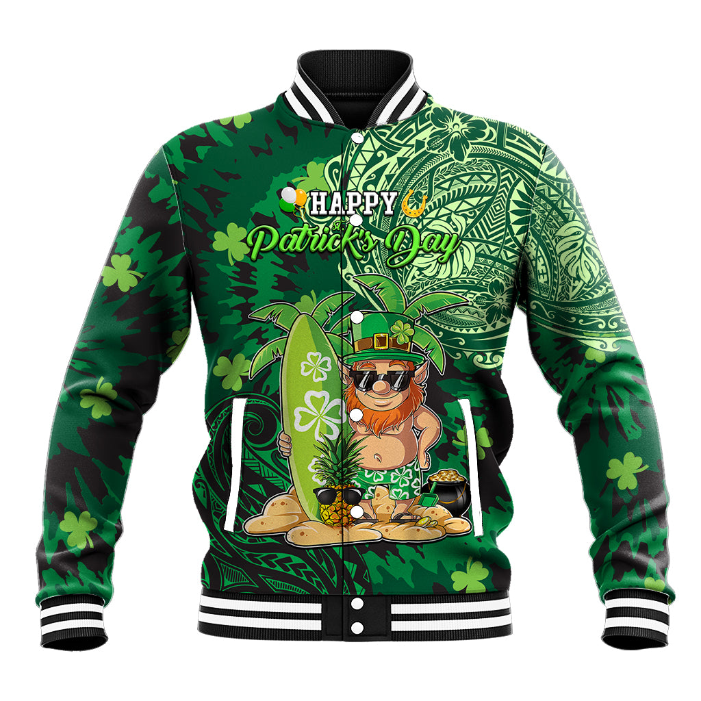 Personalised Hawaii St.Patrick Day Baseball Jacket Surfing Leprechaun LT05 Unisex Green - Polynesian Pride