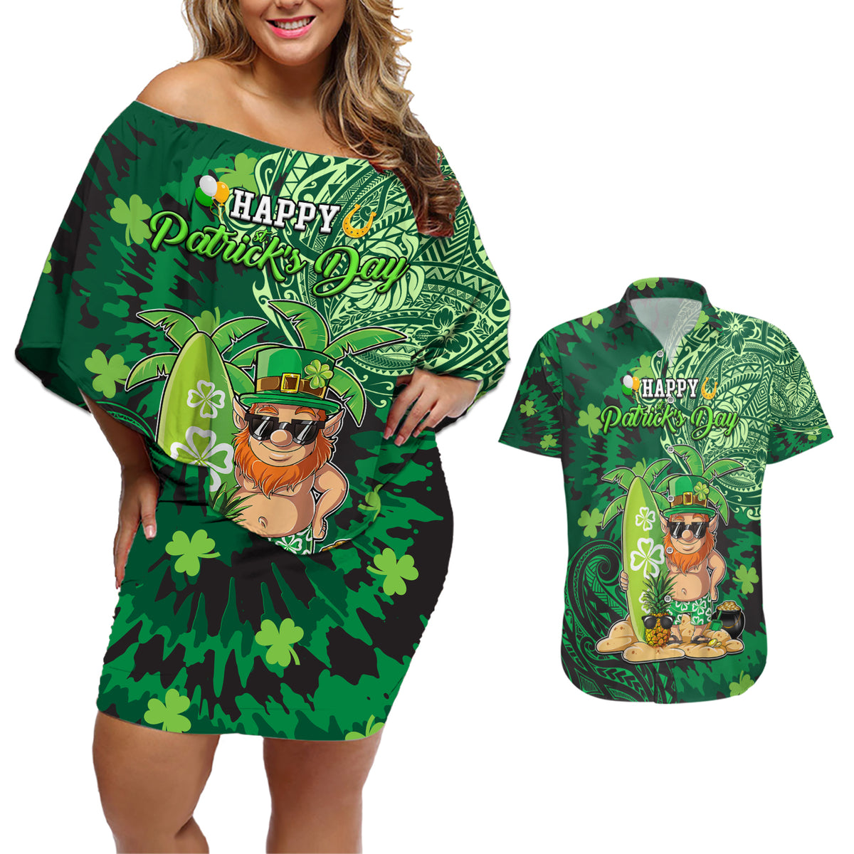 Personalised Hawaii St.Patrick Day Couples Matching Off Shoulder Short Dress and Hawaiian Shirt Surfing Leprechaun LT05 Green - Polynesian Pride