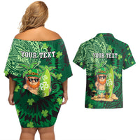Personalised Hawaii St.Patrick Day Couples Matching Off Shoulder Short Dress and Hawaiian Shirt Surfing Leprechaun LT05 - Polynesian Pride