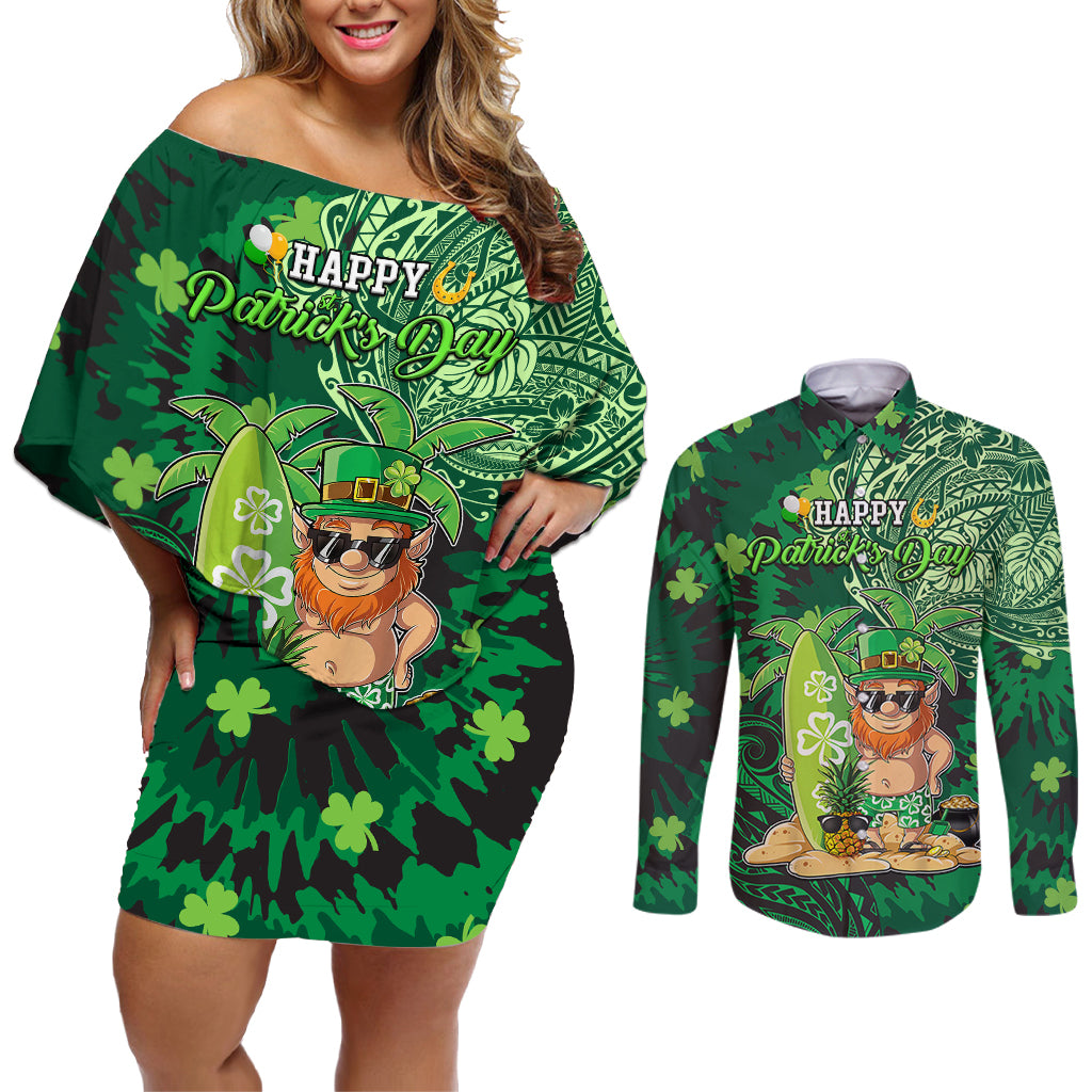 Personalised Hawaii St.Patrick Day Couples Matching Off Shoulder Short Dress and Long Sleeve Button Shirt Surfing Leprechaun LT05 Green - Polynesian Pride
