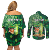 Personalised Hawaii St.Patrick Day Couples Matching Off Shoulder Short Dress and Long Sleeve Button Shirt Surfing Leprechaun LT05 - Polynesian Pride