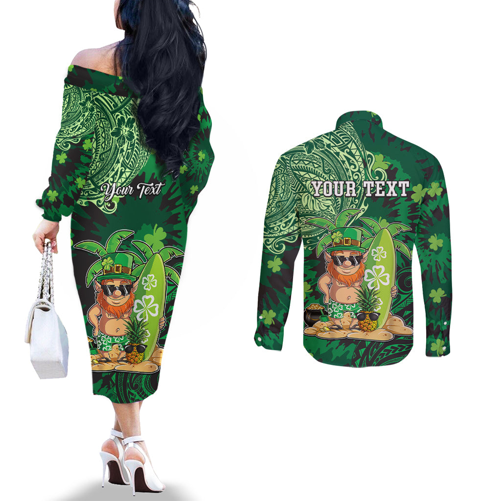 Personalised Hawaii St.Patrick Day Couples Matching Off The Shoulder Long Sleeve Dress and Long Sleeve Button Shirt Surfing Leprechaun LT05 - Polynesian Pride