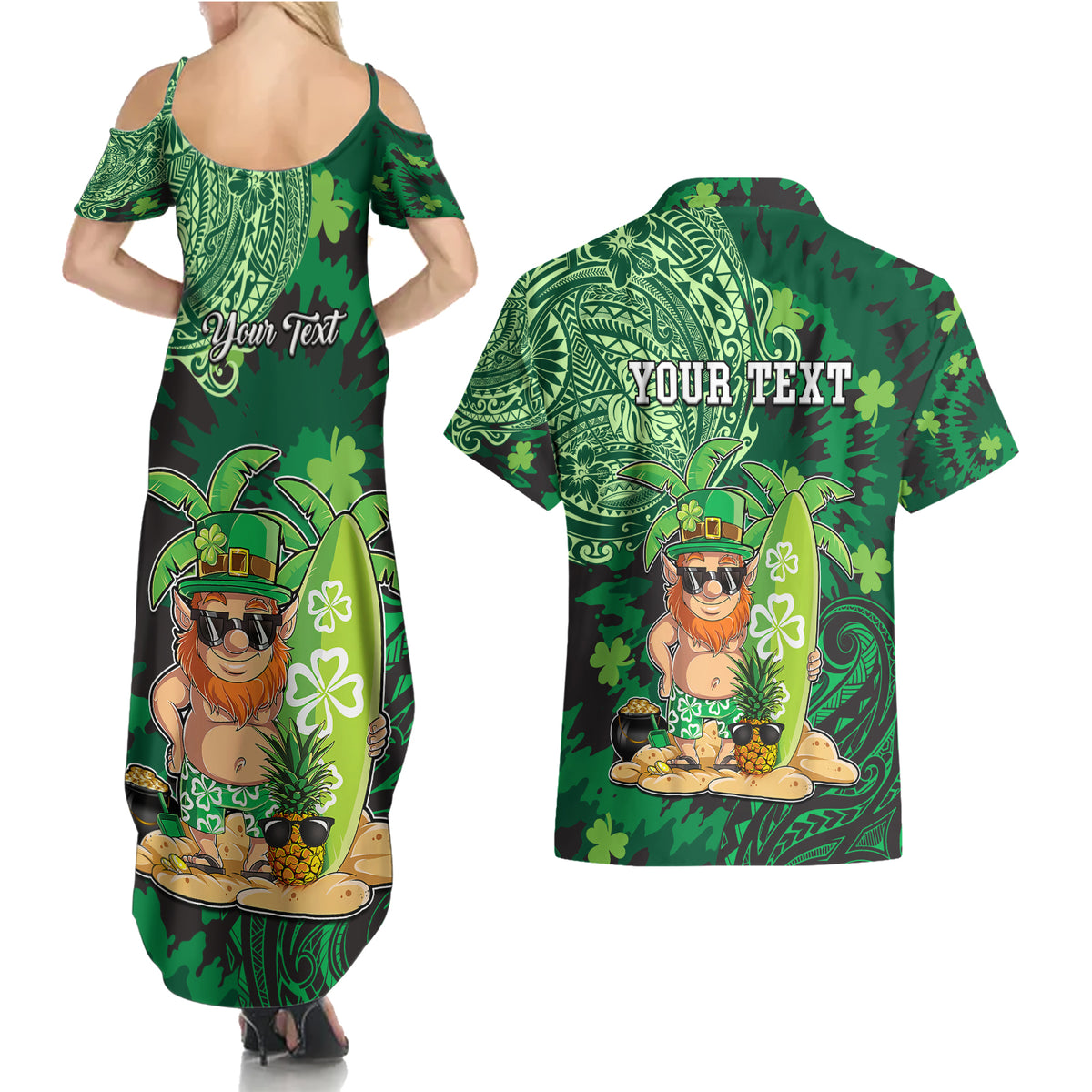 Personalised Hawaii St.Patrick Day Couples Matching Summer Maxi Dress and Hawaiian Shirt Surfing Leprechaun LT05 - Polynesian Pride