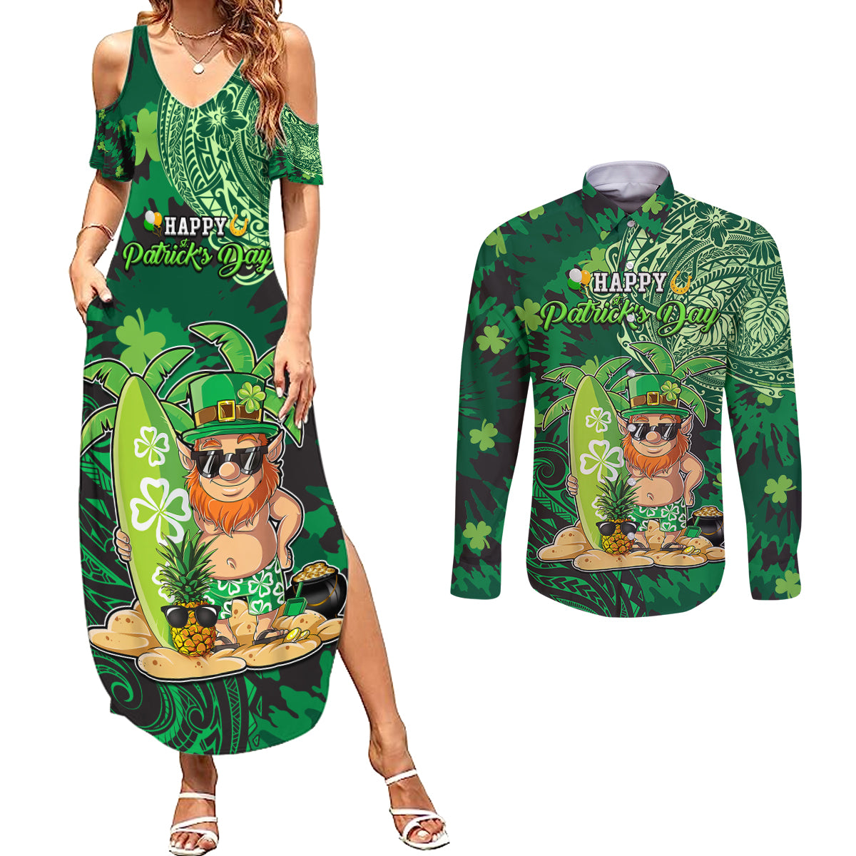 Personalised Hawaii St.Patrick Day Couples Matching Summer Maxi Dress and Long Sleeve Button Shirt Surfing Leprechaun LT05 Green - Polynesian Pride