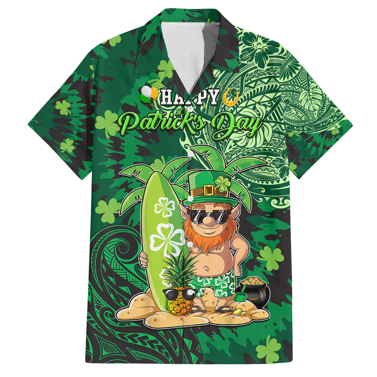 Personalised Hawaii St.Patrick Day Family Matching Off Shoulder Long Sleeve Dress and Hawaiian Shirt Surfing Leprechaun LT05 Dad's Shirt - Short Sleeve Green - Polynesian Pride