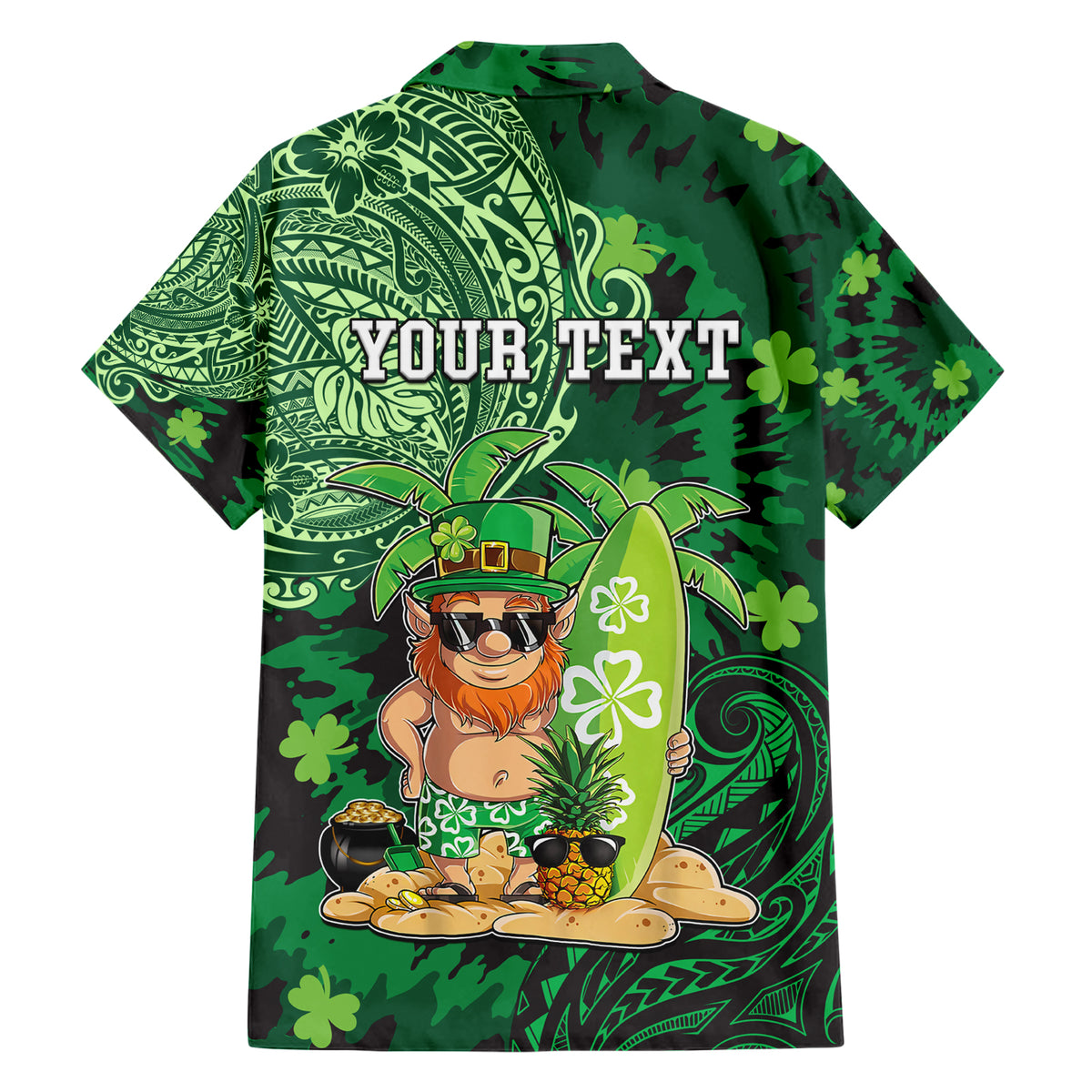 Personalised Hawaii St.Patrick Day Family Matching Short Sleeve Bodycon Dress and Hawaiian Shirt Surfing Leprechaun LT05 - Polynesian Pride