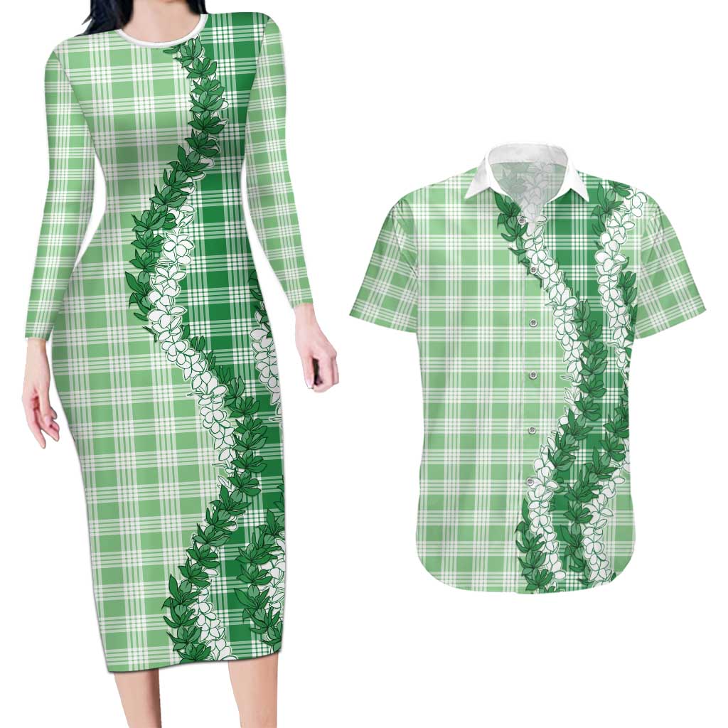 Green Hawaii Palaka Couples Matching Long Sleeve Bodycon Dress and Hawaiian Shirt Hawaiian Honohono Lei