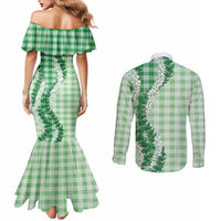 Green Hawaii Palaka Couples Matching Mermaid Dress and Long Sleeve Button Shirt Hawaiian Honohono Lei LT05 - Polynesian Pride