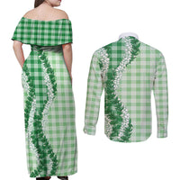 Green Hawaii Palaka Couples Matching Off Shoulder Maxi Dress and Long Sleeve Button Shirt Hawaiian Honohono Lei LT05 - Polynesian Pride