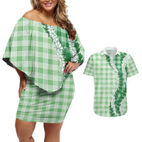 Green Hawaii Palaka Couples Matching Off Shoulder Short Dress and Hawaiian Shirt Hawaiian Honohono Lei LT05 Green - Polynesian Pride