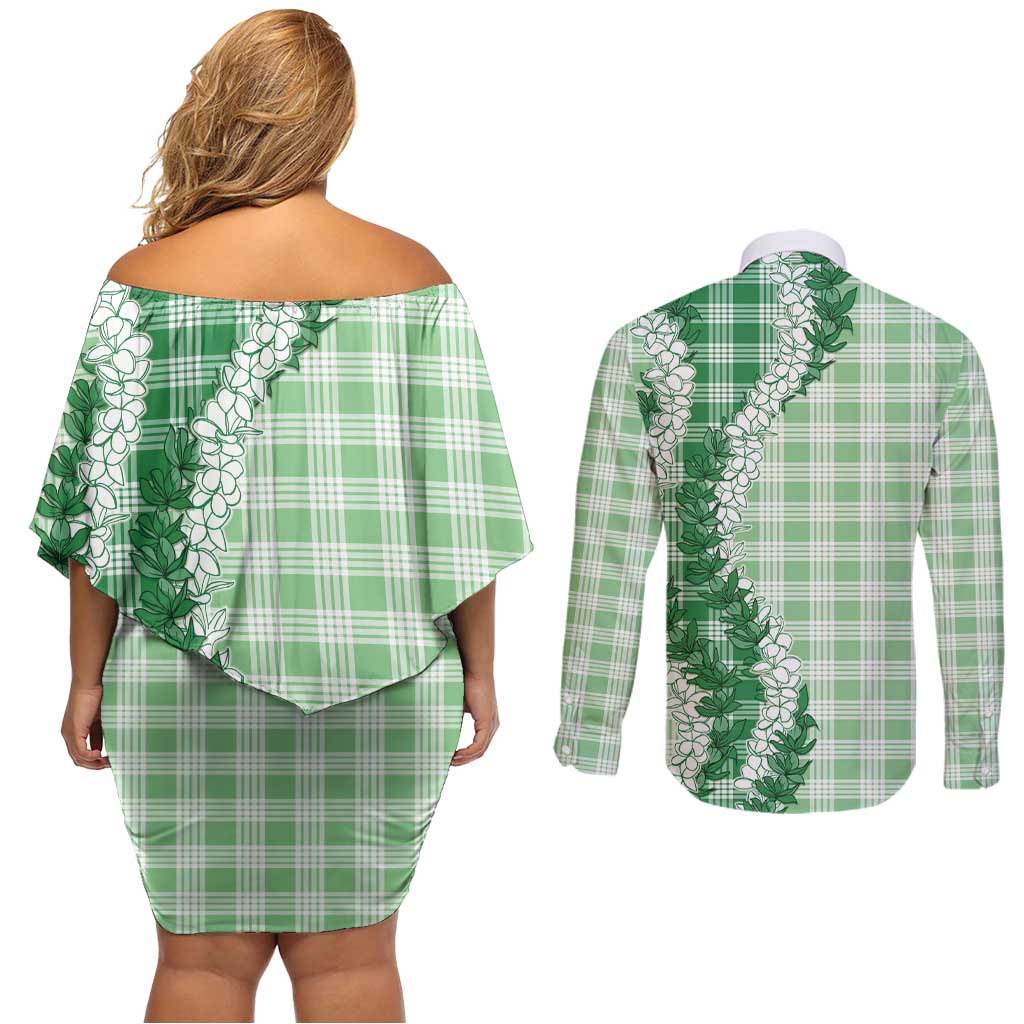 Green Hawaii Palaka Couples Matching Off Shoulder Short Dress and Long Sleeve Button Shirt Hawaiian Honohono Lei LT05 - Polynesian Pride