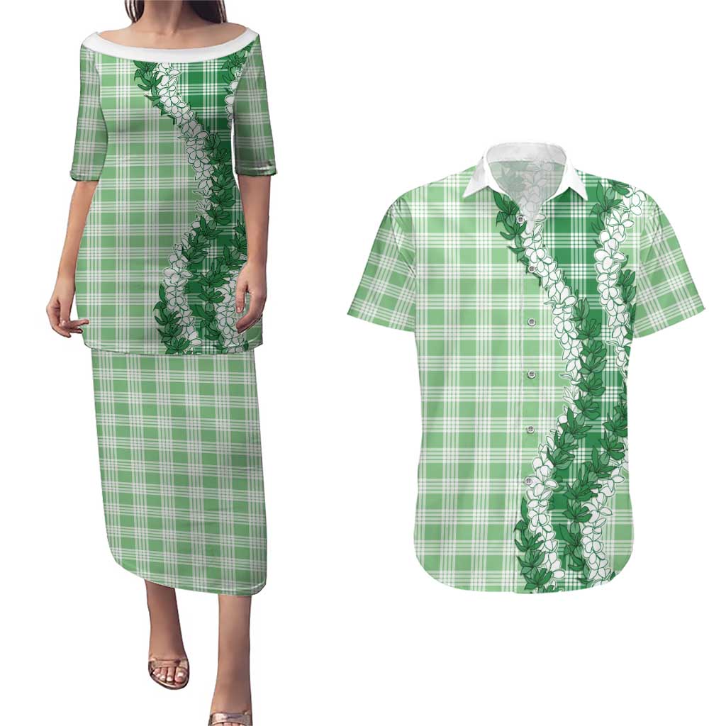 Green Hawaii Palaka Couples Matching Puletasi and Hawaiian Shirt Hawaiian Honohono Lei LT05 Green - Polynesian Pride