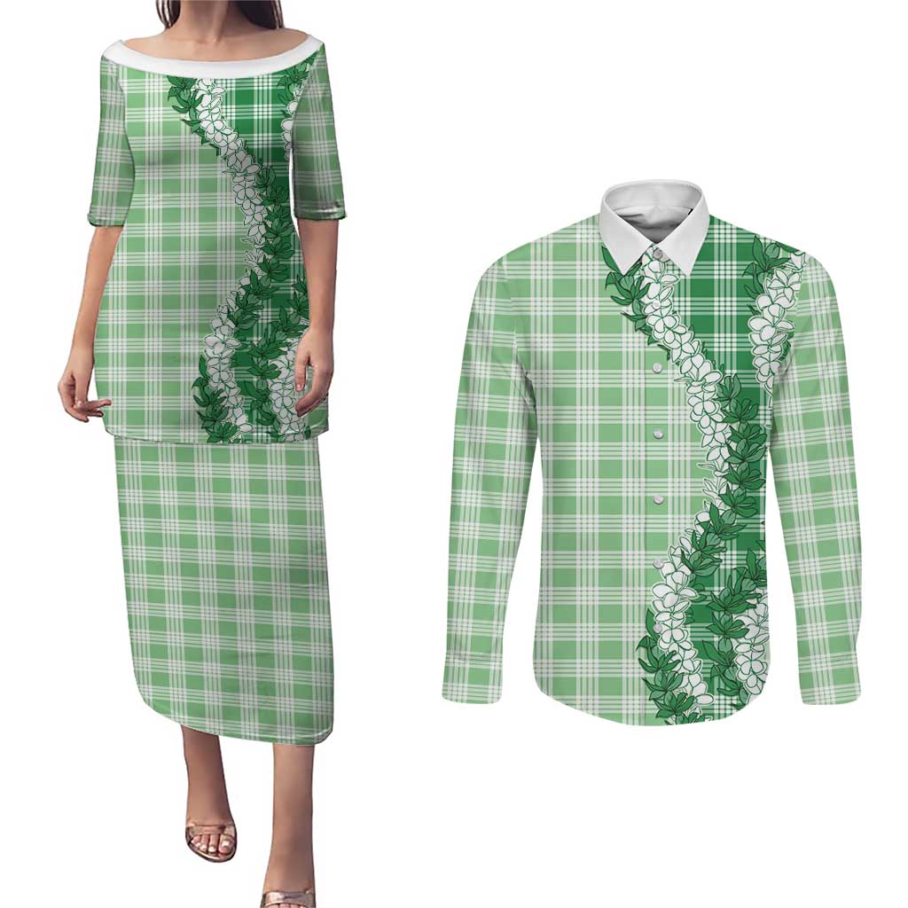 Green Hawaii Palaka Couples Matching Puletasi and Long Sleeve Button Shirt Hawaiian Honohono Lei LT05 Green - Polynesian Pride