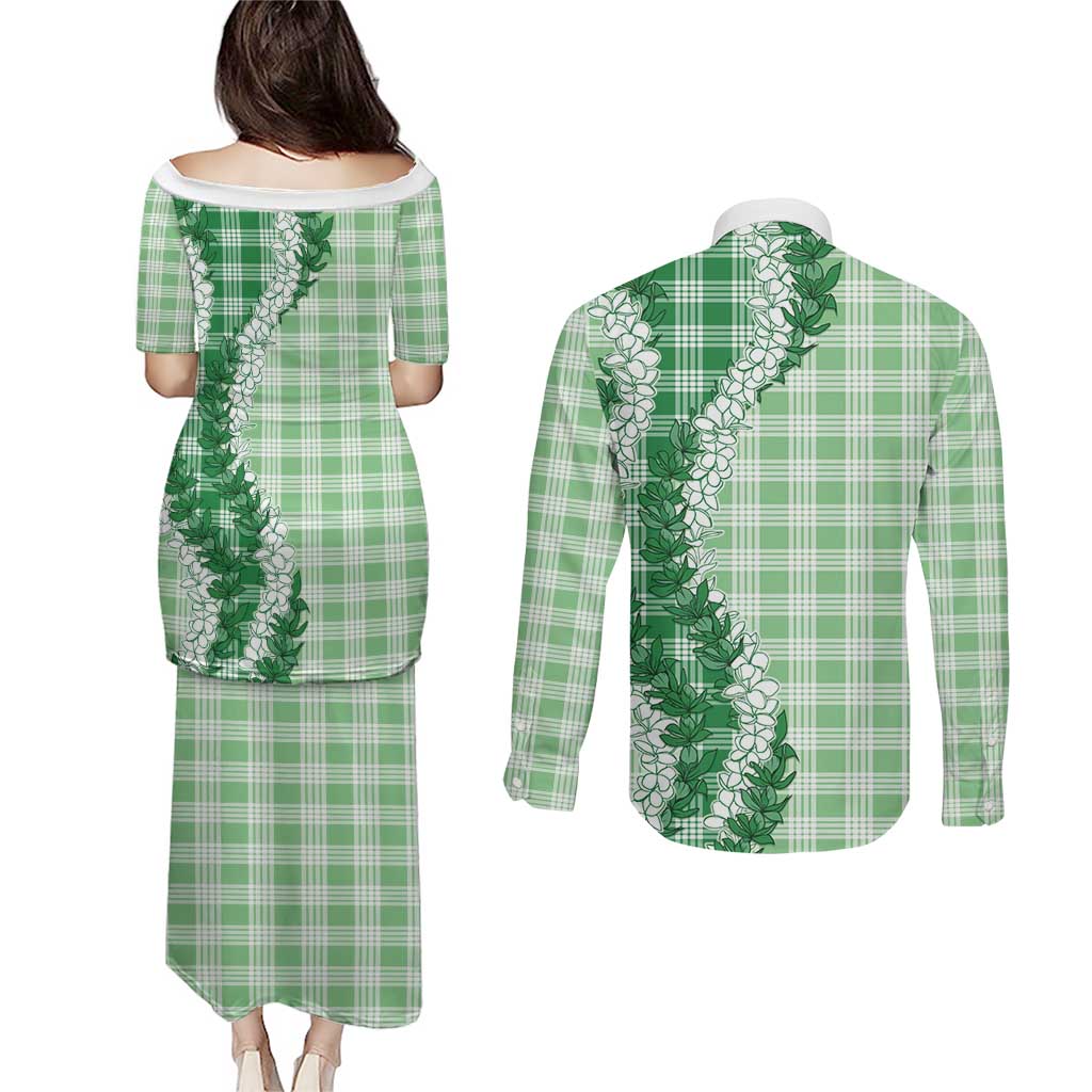 Green Hawaii Palaka Couples Matching Puletasi and Long Sleeve Button Shirt Hawaiian Honohono Lei LT05 - Polynesian Pride
