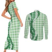 Green Hawaii Palaka Couples Matching Short Sleeve Bodycon Dress and Long Sleeve Button Shirt Hawaiian Honohono Lei LT05 - Polynesian Pride