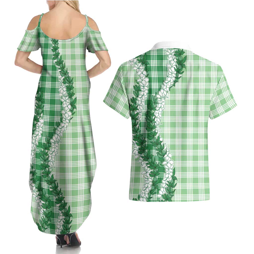 Green Hawaii Palaka Couples Matching Summer Maxi Dress and Hawaiian Shirt Hawaiian Honohono Lei LT05 - Polynesian Pride