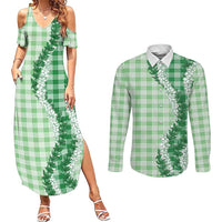 Green Hawaii Palaka Couples Matching Summer Maxi Dress and Long Sleeve Button Shirt Hawaiian Honohono Lei LT05 Green - Polynesian Pride