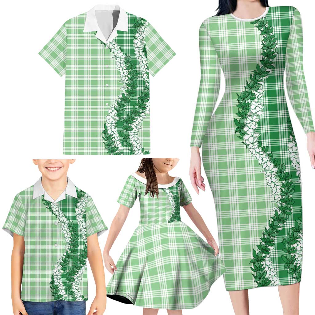 Green Hawaii Palaka Family Matching Long Sleeve Bodycon Dress and Hawaiian Shirt Hawaiian Honohono Lei