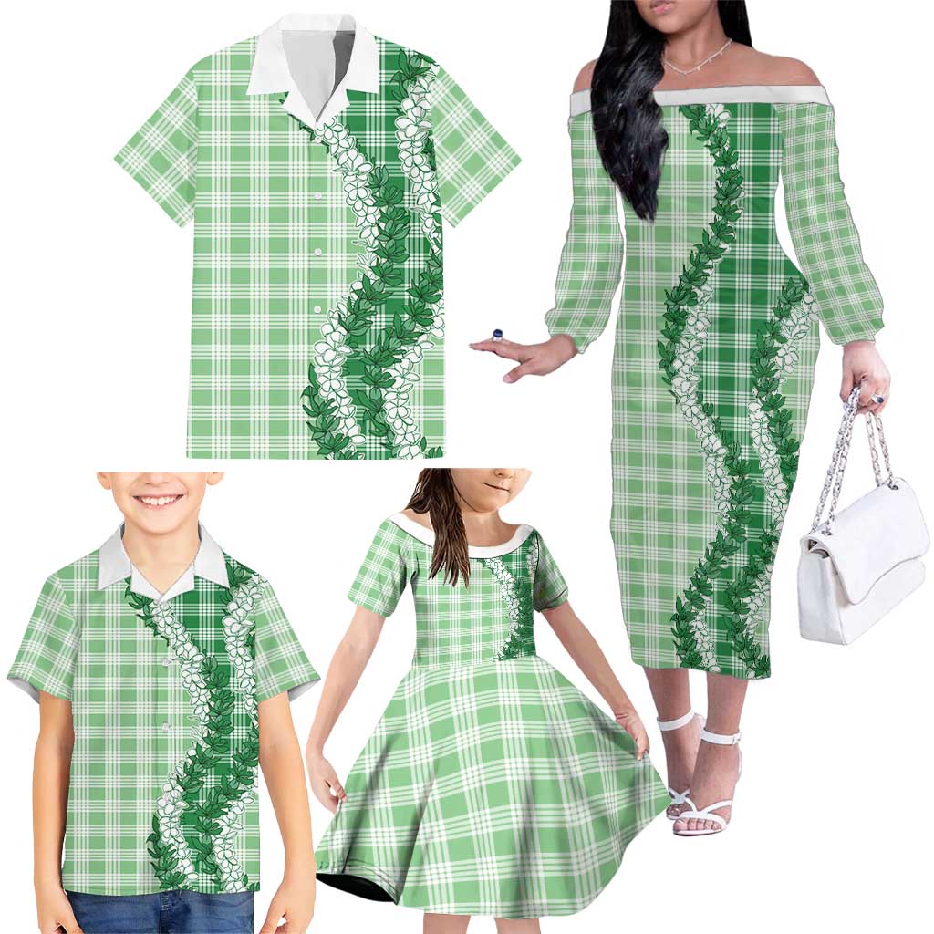 Green Hawaii Palaka Family Matching Off The Shoulder Long Sleeve Dress and Hawaiian Shirt Hawaiian Honohono Lei LT05 - Polynesian Pride