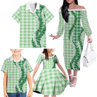 Green Hawaii Palaka Family Matching Off The Shoulder Long Sleeve Dress and Hawaiian Shirt Hawaiian Honohono Lei LT05 - Polynesian Pride