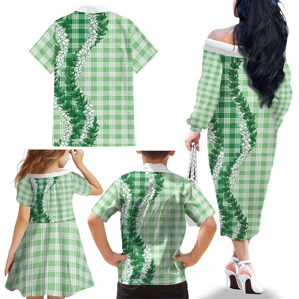Green Hawaii Palaka Family Matching Off The Shoulder Long Sleeve Dress and Hawaiian Shirt Hawaiian Honohono Lei LT05 - Polynesian Pride