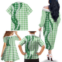 Green Hawaii Palaka Family Matching Off The Shoulder Long Sleeve Dress and Hawaiian Shirt Hawaiian Honohono Lei LT05 - Polynesian Pride