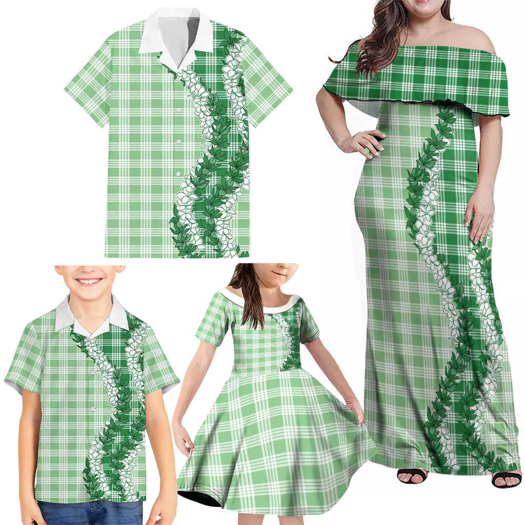Green Hawaii Palaka Family Matching Off Shoulder Maxi Dress and Hawaiian Shirt Hawaiian Honohono Lei LT05 - Polynesian Pride