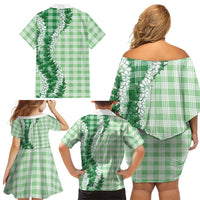 Green Hawaii Palaka Family Matching Off Shoulder Short Dress and Hawaiian Shirt Hawaiian Honohono Lei LT05 - Polynesian Pride