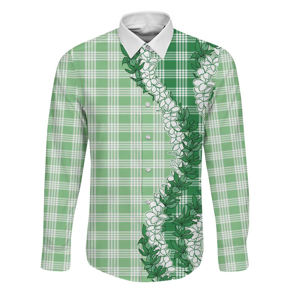 Green Hawaii Palaka Family Matching Off Shoulder Short Dress and Hawaiian Shirt Hawaiian Honohono Lei LT05 Dad's Shirt - Long Sleeve Green - Polynesian Pride