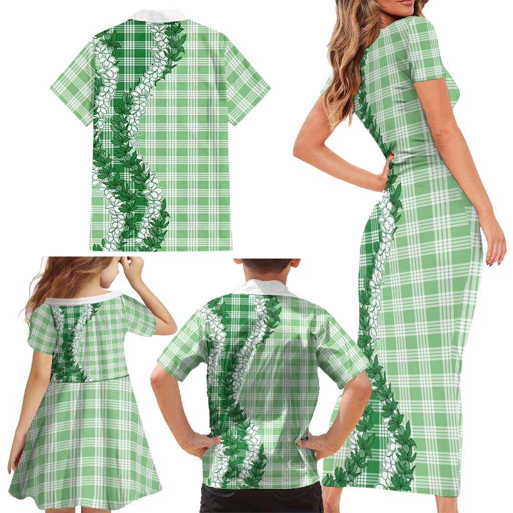 Green Hawaii Palaka Family Matching Short Sleeve Bodycon Dress and Hawaiian Shirt Hawaiian Honohono Lei LT05 - Polynesian Pride