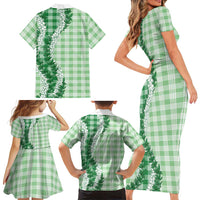 Green Hawaii Palaka Family Matching Short Sleeve Bodycon Dress and Hawaiian Shirt Hawaiian Honohono Lei LT05 - Polynesian Pride