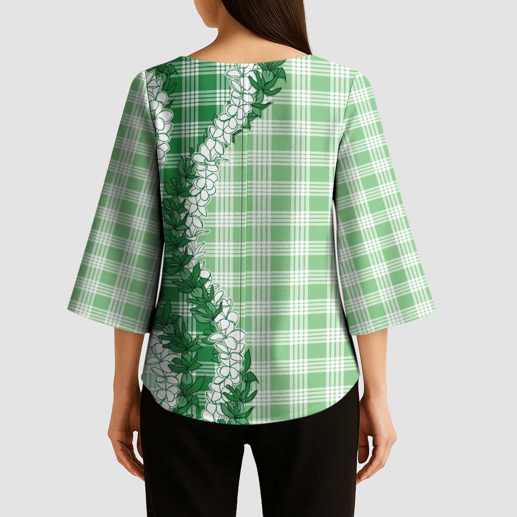 Green Hawaii Palaka Kimono Sleeve Blouse Hawaiian Honohono Lei
