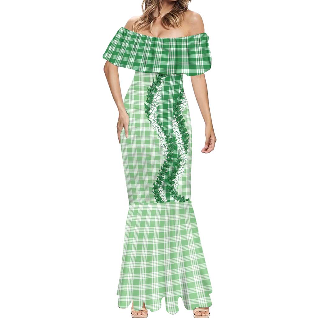 Green Hawaii Palaka Mermaid Dress Hawaiian Honohono Lei