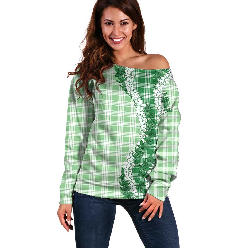 Green Hawaii Palaka Off Shoulder Sweater Hawaiian Honohono Lei