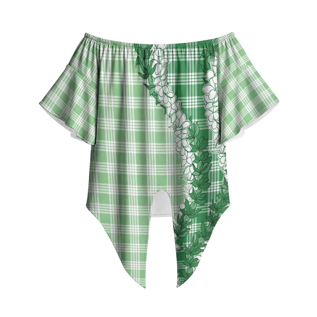 Green Hawaii Palaka Off Shoulder Wrap Waist Top Hawaiian Honohono Lei LT05 Green - Polynesian Pride