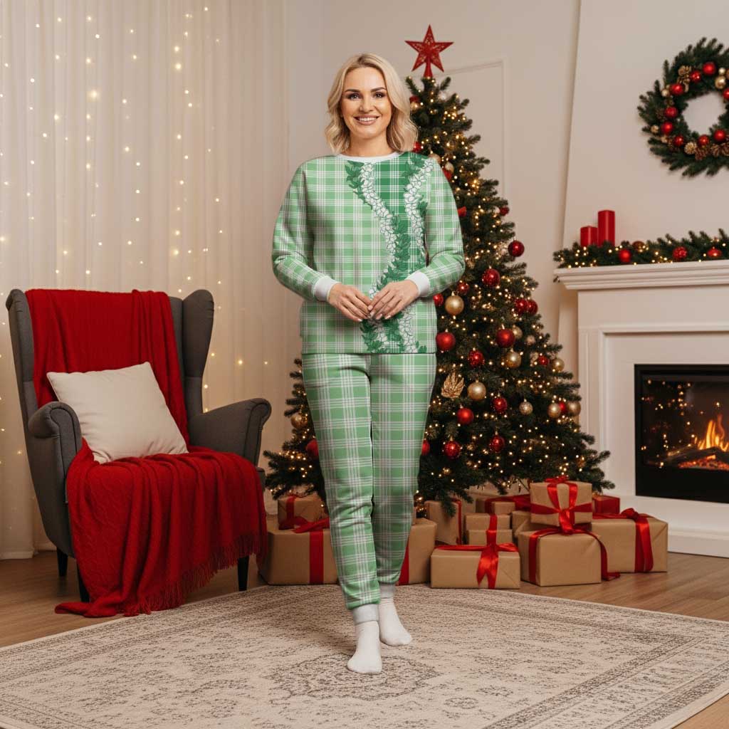 Green Hawaii Palaka Pajama Set Hawaiian Honohono Lei