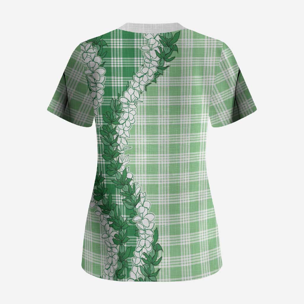 Green Hawaii Palaka Scrub Top Hawaiian Honohono Lei