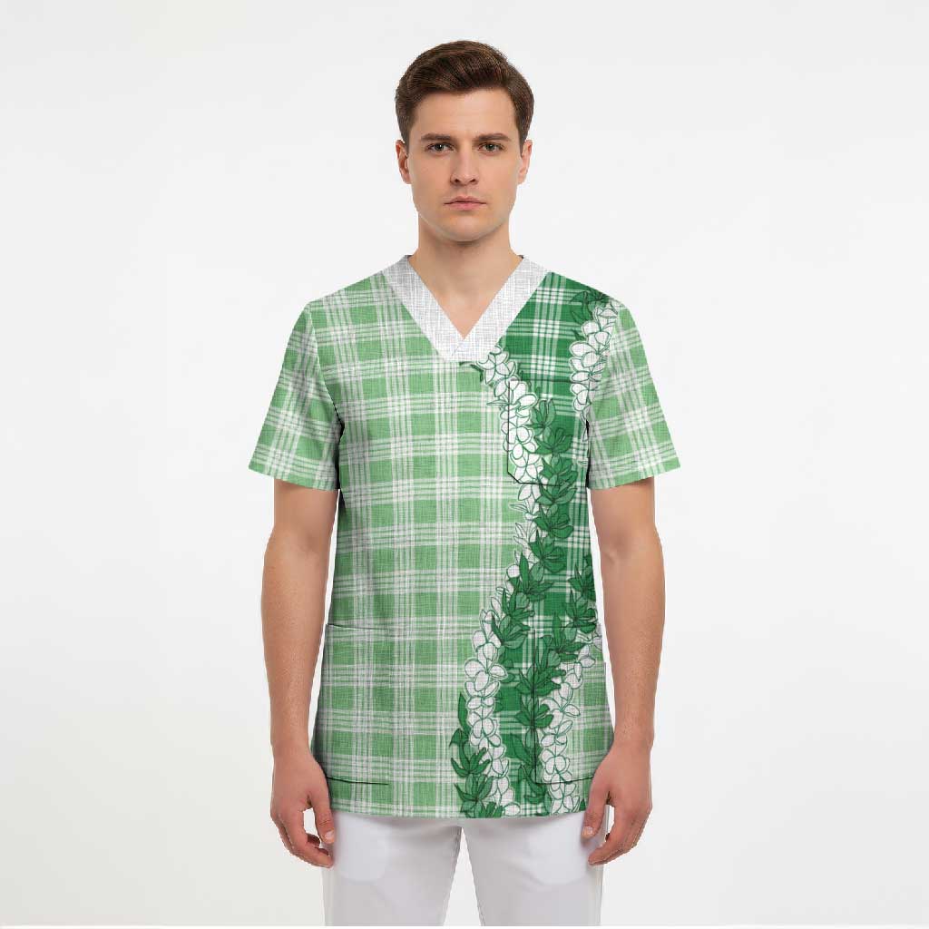 Green Hawaii Palaka Scrub Top Hawaiian Honohono Lei