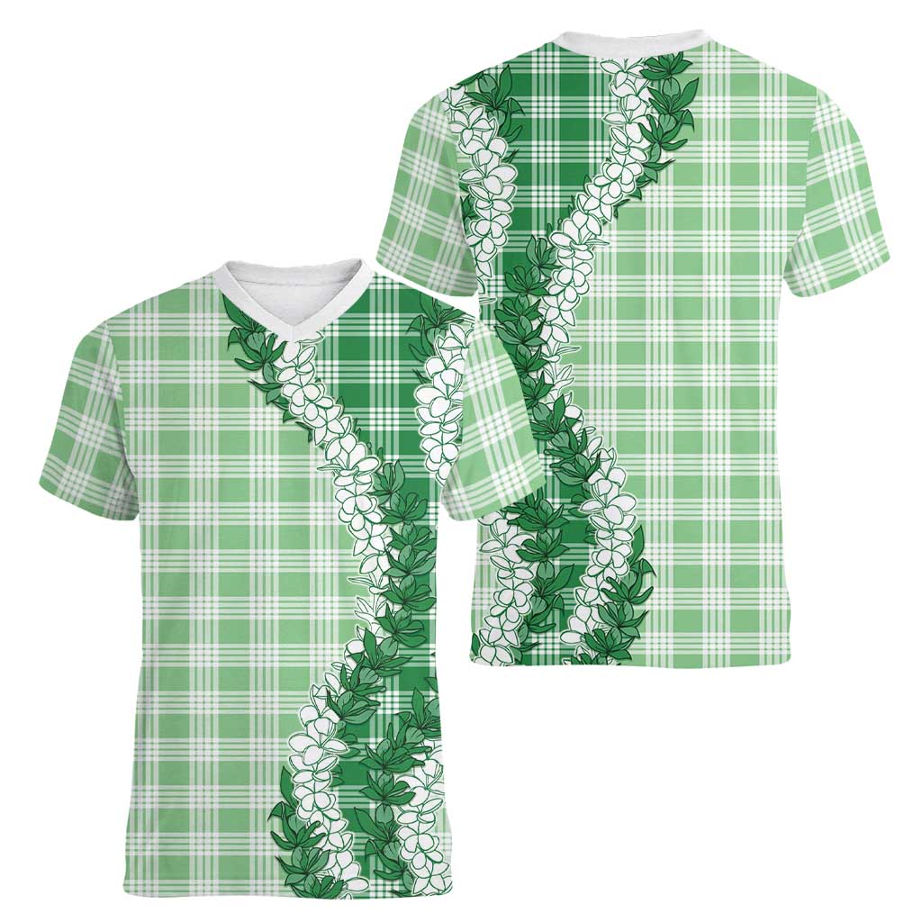 Green Hawaii Palaka Women V-Neck T-Shirt Hawaiian Honohono Lei LT05 - Polynesian Pride