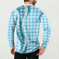 Blue Hawaii Palaka Button Sweatshirt Hawaiian Honohono Lei