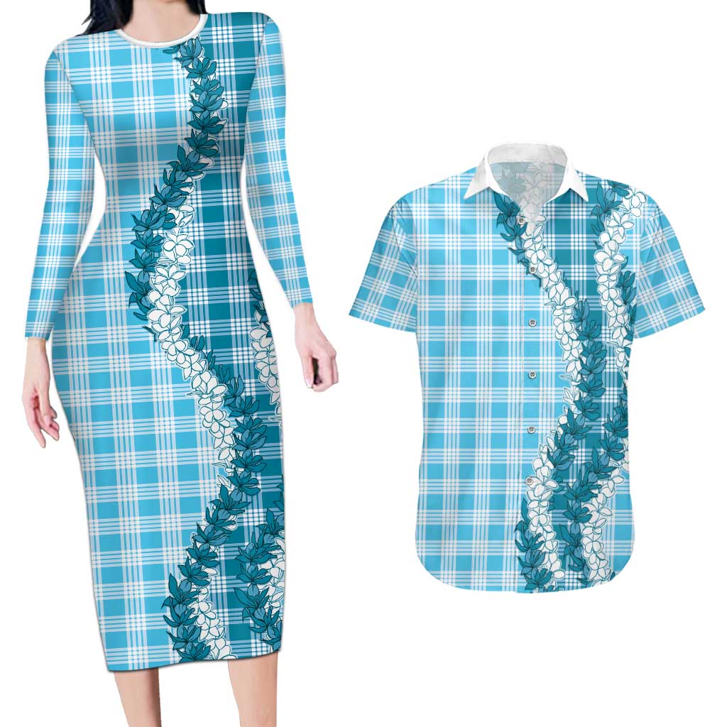 Blue Hawaii Palaka Couples Matching Long Sleeve Bodycon Dress and Hawaiian Shirt Hawaiian Honohono Lei