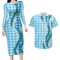 Blue Hawaii Palaka Couples Matching Long Sleeve Bodycon Dress and Hawaiian Shirt Hawaiian Honohono Lei LT05 Blue - Polynesian Pride