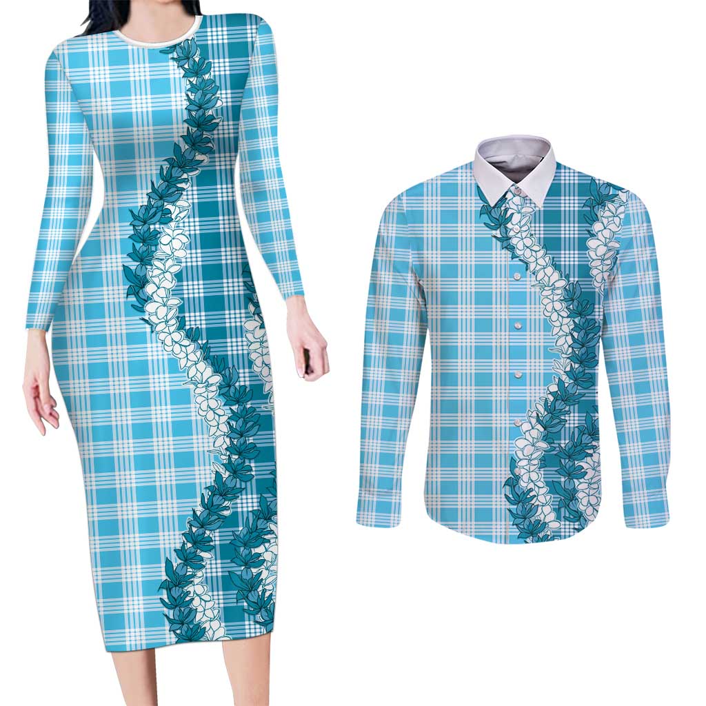 Blue Hawaii Palaka Couples Matching Long Sleeve Bodycon Dress and Long Sleeve Button Shirt Hawaiian Honohono Lei LT05 Blue - Polynesian Pride